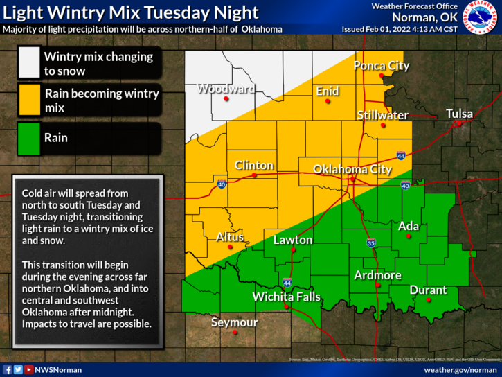 NWSNorman's tweet photo. Timing for Wintery Precipitation Tonight and Tomorrow..

Wintry mix begins across north/northwest OK tonight. Wintry precipitation increases in coverage and intensity late morning to mid-day. Expect travel disruptions!

#okwx #texomawx https://t.co/ww8DgChejn