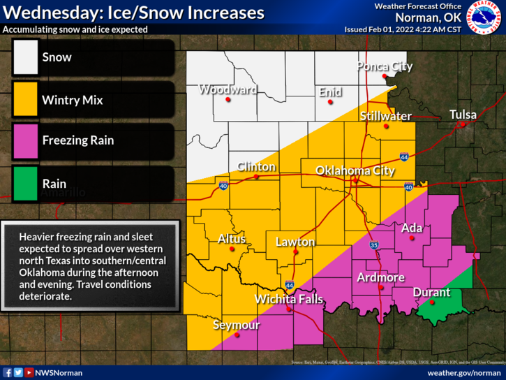 NWSNorman's tweet photo. Timing for Wintery Precipitation Tonight and Tomorrow..

Wintry mix begins across north/northwest OK tonight. Wintry precipitation increases in coverage and intensity late morning to mid-day. Expect travel disruptions!

#okwx #texomawx https://t.co/ww8DgChejn