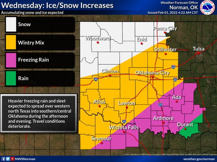 Timing for Wintery Precipitation Tonight and Tomorrow.. Wintry mix begins across north/northwest OK tonight. Wintry precipitation increases in coverage and intensity late morning to mid-day. Expect travel disruptions! #okwx #texomawx