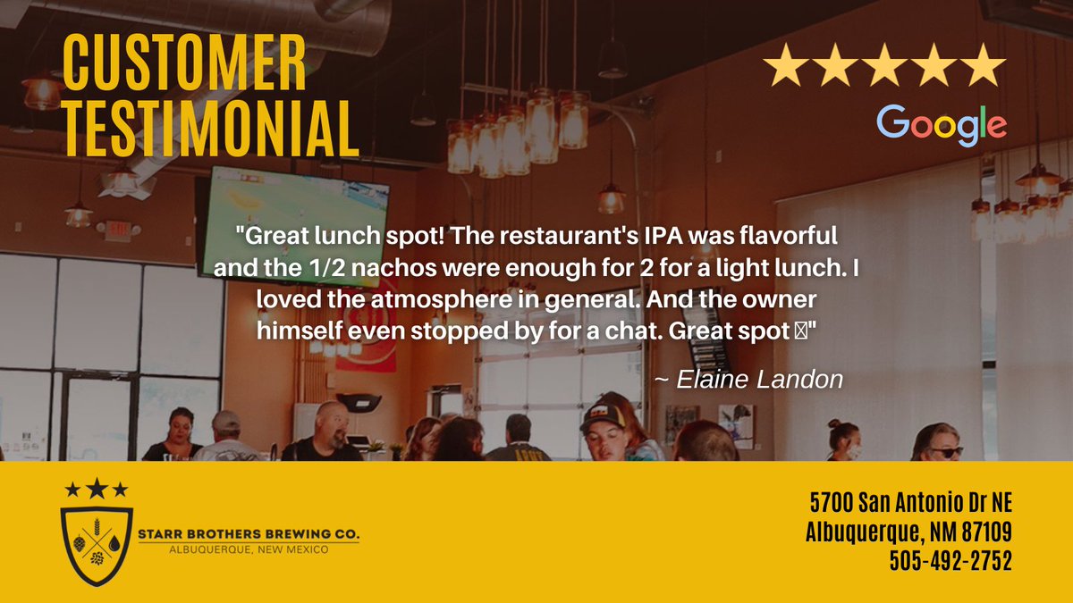 We work hard to ensure your experience is amazing with great food and amazing craft beer. Thank you to our customers who have taken the time to leave us a review! 
⭐️ ⭐️ ⭐️ ⭐️ ⭐️
#StarrBrothersBrewingCompany #testimonialtuesday #weloveourcustomers 
g.page/r/CZQYhJQbV_X-…