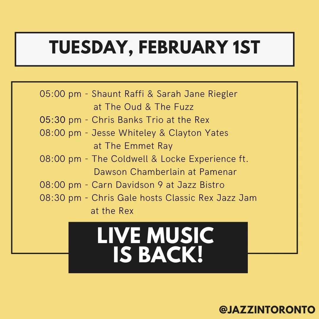 Live music is back! 
Thanks for sharing and supporting the venues and musicians listed here!
#jazzintoronto #livemusic #toronto
