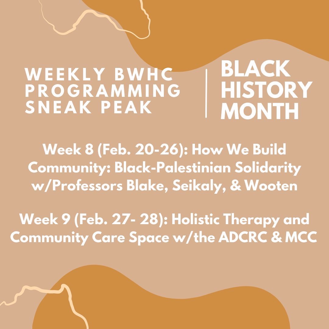 HAPPY BLACK HISTORY MONTH YALL🥳🥳

Here’s a sneak peak of our weekly programming for the month of February, so mark your calendars and we hope to see y’all soon😋