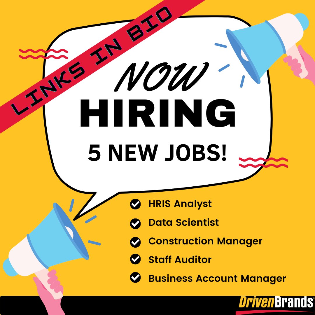 5 NEW open positions with Driven Brands! Check out all our jobs here linkedin.com/company/driven…
..
#remotejobs #remotework #charlottejobs #nowhiring #hiring #hris #accountingjobs  #hrjobs #jobs #career #humanresources #constructionjobs #datajobs #auditing #salescareers #take5