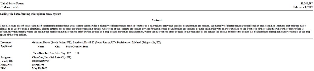 Patent_Grants's tweet photo. $CLRO ClearOne, Inc granted US patent number 11,240,597 titled "Ceiling tile beamforming microphone array system" https://t.co/fXPsxFYGDH https://t.co/0xaYSnI7UQ