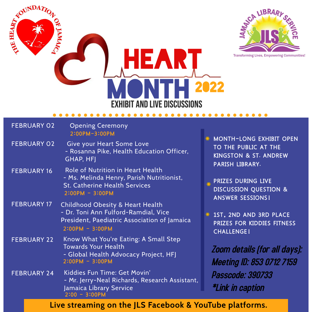 heartjamaica's tweet photo. We invite you to join our month-long exhibit and discussions! Connect with us via Live stream on the Jamaica Library Service Facebook and YouTube pages!
#HeartFoundationja #HeartMonth #JamaicaLibraryService #MonthLong #TheWeighToAHealthyHeart https://t.co/QTLz7hYcgY