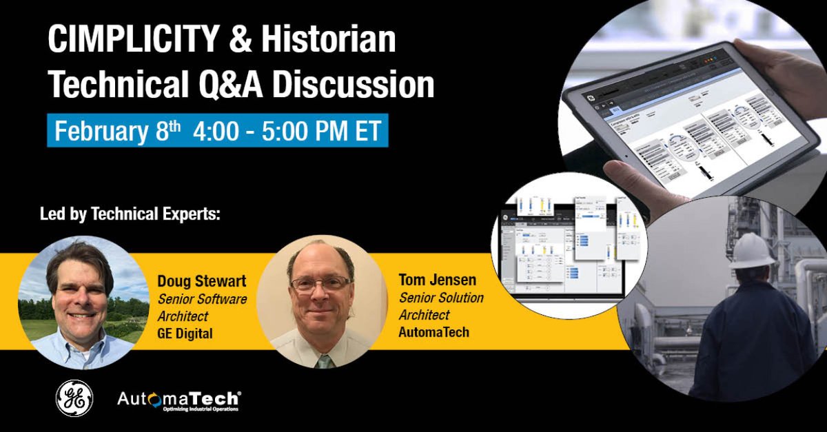 AutomaTech_Inc's tweet photo. Do you have questions on CIMPLICITY and Historian? Want to share your feedback on new features or software roadmap? Join us on 2/8 for an interactive technical Q&amp;A session led by experts from AutomaTech and GE Digital. 

Register here: https://t.co/8je62DHNxC https://t.co/AEJj9GPt22