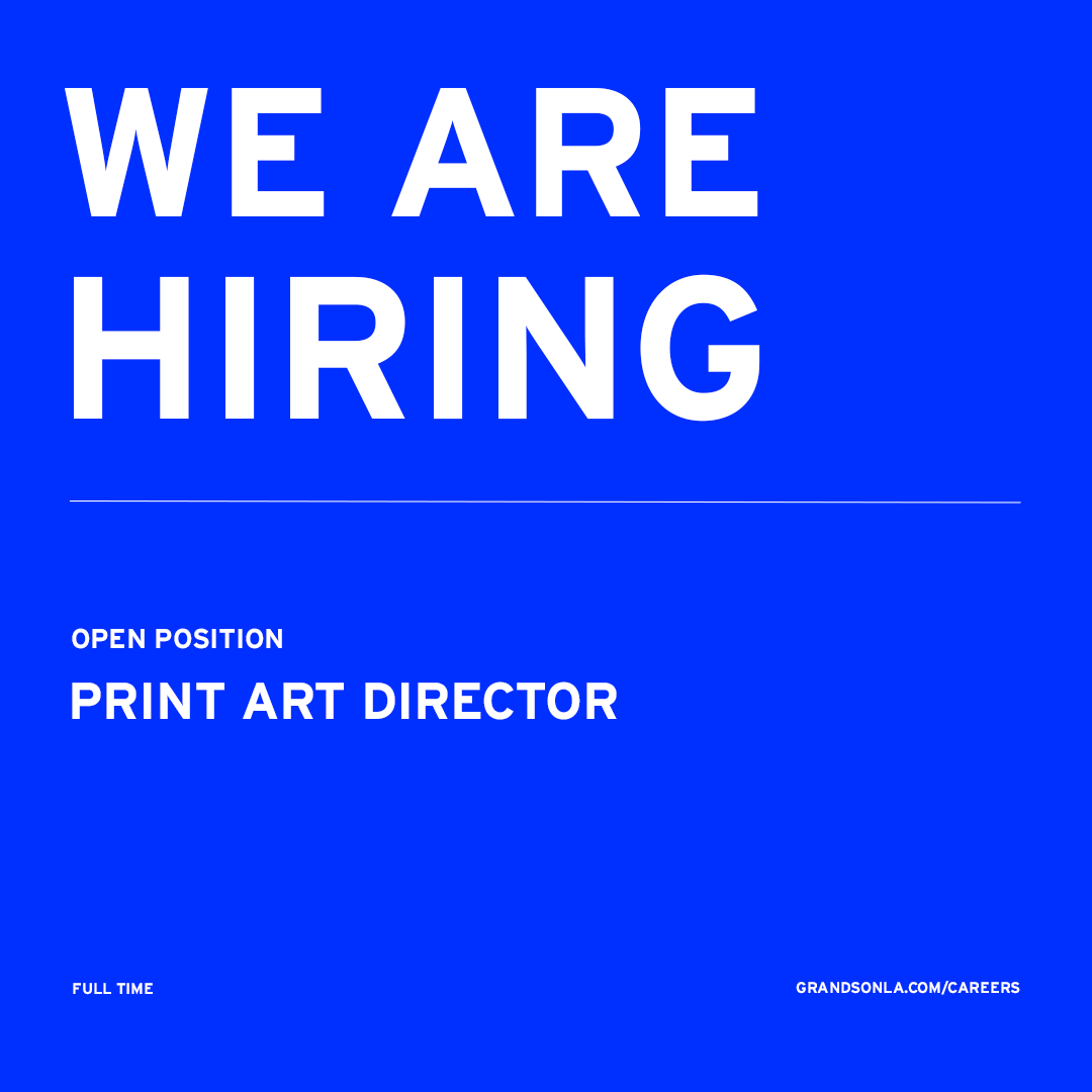 GrandSon is looking for a dynamic theatrical Print Art Director, who is constantly curious about new aesthetics and has a deep understanding of typography, to join our growing team.

Visit grandsonla.com/careers to learn more and apply. Hope to hear from you soon!👋 #NowHiring