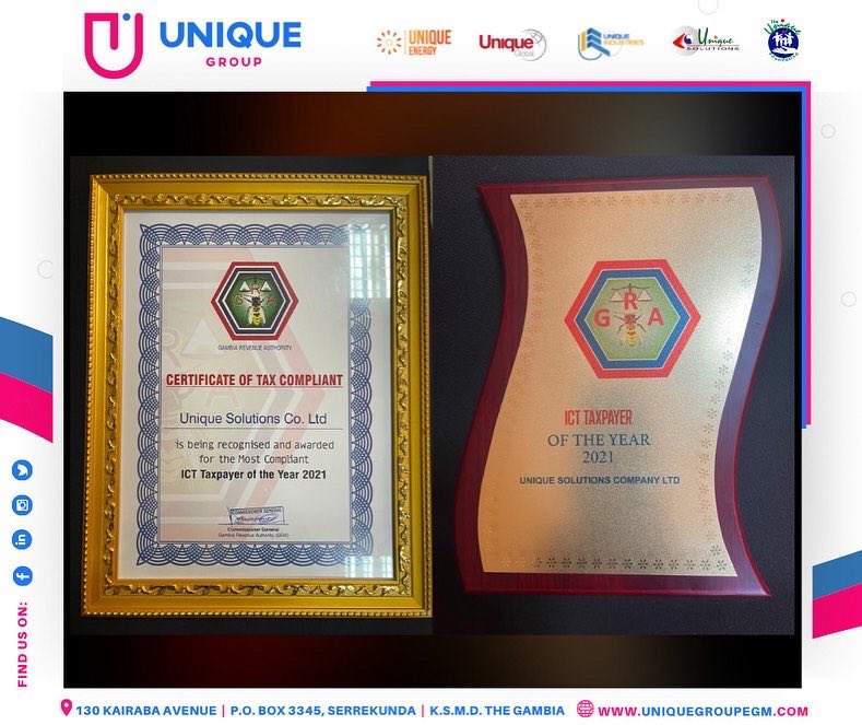 Unique_Gambia's tweet photo. Excited to share that our subsidiary Unique Solutions was awarded the GRA - Tax Payer of The Year in the ICT Sector.
.
.
#uniquegroup #uniqueenergy #uniquesolutions
#uniqueglobal #uniqueindustries #uniquefoundation https://t.co/K0uDL4tPJP