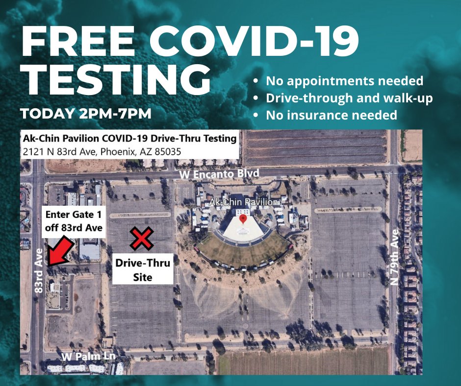 Maricopahealth's tweet photo. Free #COVID19 drive-thru testing today at Ak-Chin Pavilion 2121 N 83rd Ave from 2-7pm. No appts needed. More testing events: https://t.co/aPC4Wl8BXg https://t.co/EMkLkk9q9K