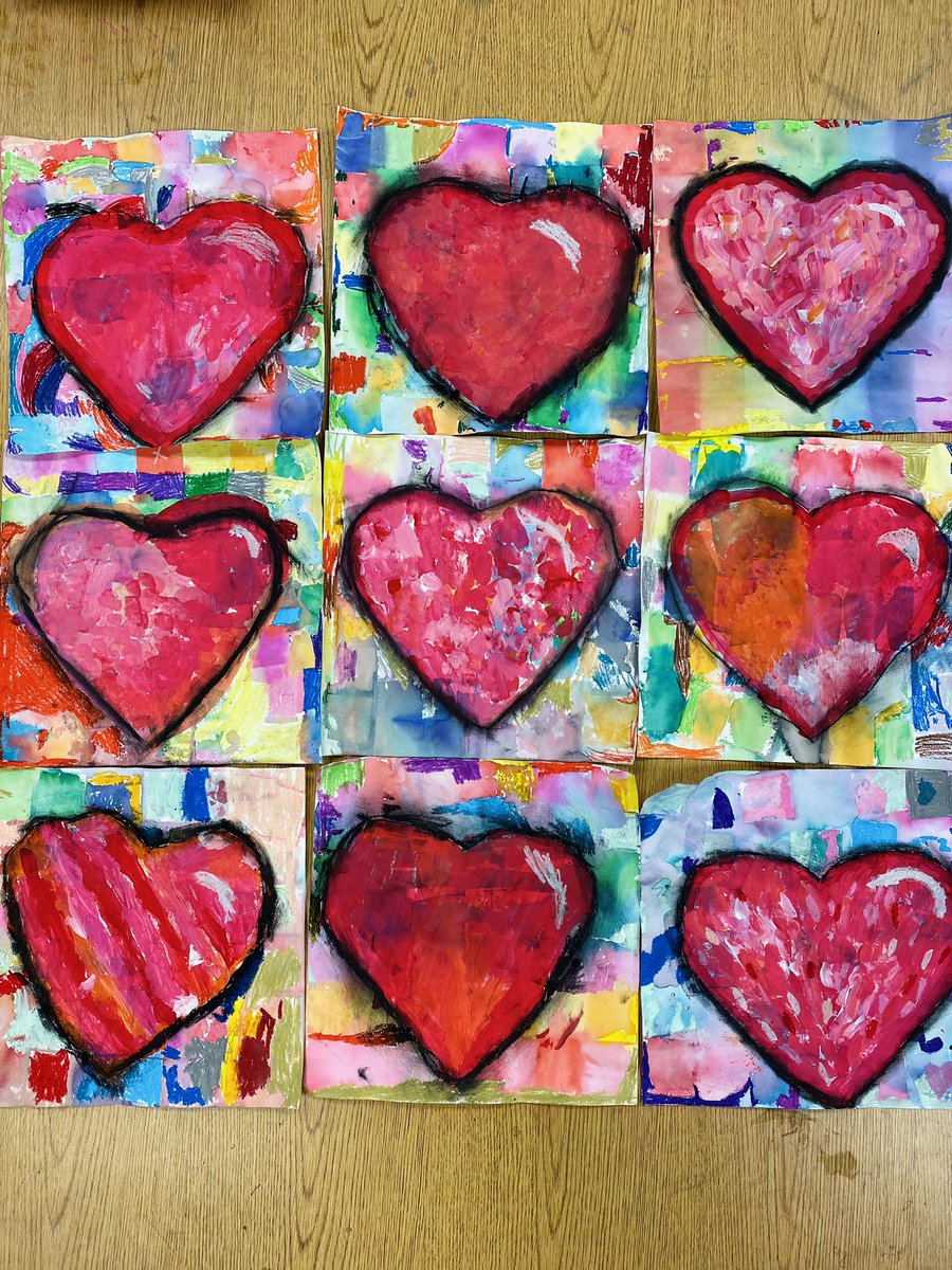 Jim Dine hearts by 1st grade artists! Love to see their unique creativity in each work of art!