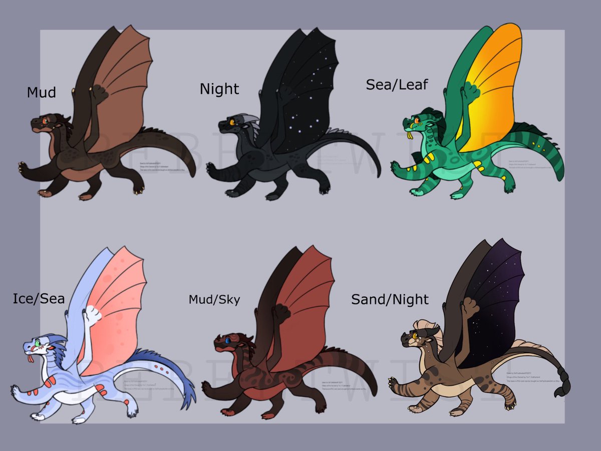 Songbeeeee's tweet photo. Here’s my first attempt at WOF designs! Base is by the wonderful @SoFizzticated_ 

These are $4 each, keeping the price low since they’re my first batch, I will also accept art for them, but P-Ypal offers will be accepted first
#wof #adoptables #adopts #wingsoffire #dragonets https://t.co/EpJEeciWsD