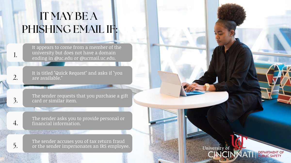 UCPublicSafety's tweet photo. Take a minute to review some easy ways to identify and protect yourself from phishing emails. #BeSafeUC https://t.co/0QlsVjoYRb
