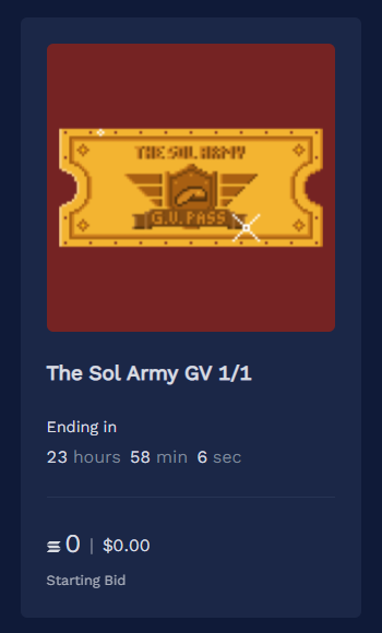 The Sol Army (@the_sol_army) on Twitter photo Our 1/1 Pass Charity Auction is LIVE!
thesolarmy.holaplex.com/listings?view=β¦
Ending in 24 hours, the winner gains VIP access to <a href="/The_Sol_Army/">The Sol Army</a>. All utility in discord in bio. π Our 1/1 Pass Charity Auction is LIVE!
thesolarmy.holaplex.com/listings?view=β¦
Ending in 24 hours, the winner gains VIP access to <a href="/The_Sol_Army/">The Sol Army</a>. All utility in discord in bio. π