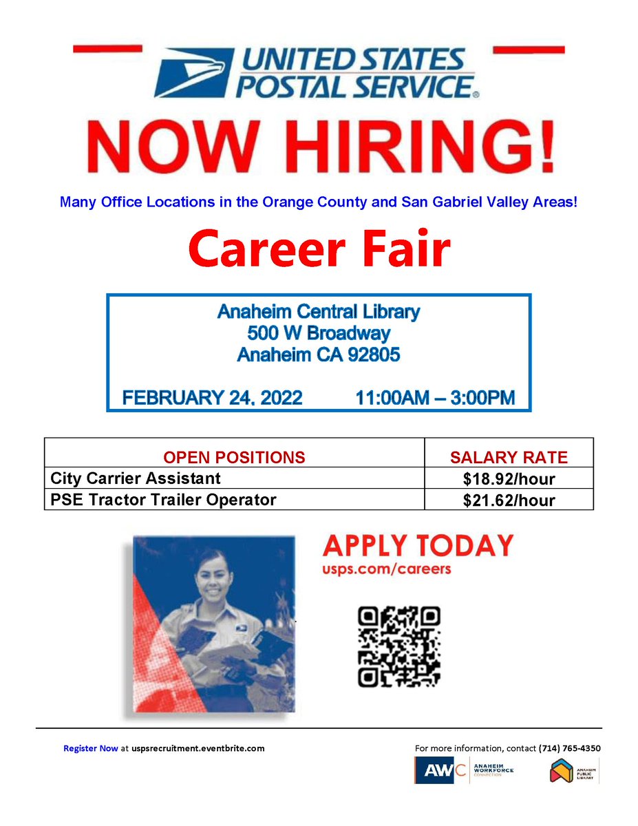 AWConnection's tweet photo. Looking for a career with the United States Postal Service? You are invited to attend their in-person Hiring Event on Feb. 24 from 11am - 3pm! Register here: https://t.co/cxWHjwN7qw.
#AWConnection #JobSeekers #Recruitment #USPS #Anaheim #OrangeCounty https://t.co/MlfaXqv2z5