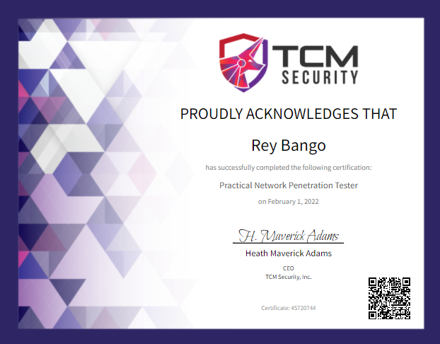 Got my email today that I passed the Practical Network Penetration Tester (PNPT) exam. @TCMSecurity has done a great job creating an affordable and real-world course & certification to jumpstart a career in pentesting. Nicely done @thecybermentor.