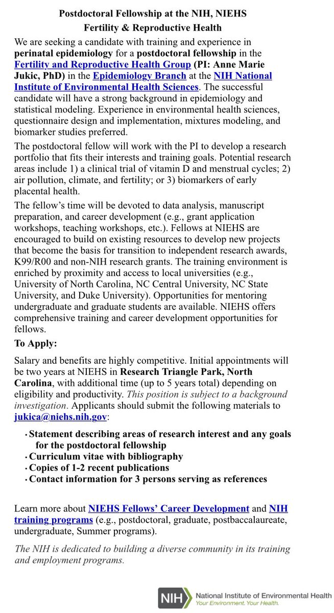 Hey everyone! I’m looking for a postdoctoral fellow who is interested in the environment, fertility, and early pregnancy. Please share widely! 

training.nih.gov/postdoc_jobs_n…

#DiversityInSTEM #BlackinSTEM #LatinxinSTEM #LGBTQISTEM #DisabledinSTEM #BlackinEpi #BlackEpi #womeninscience
