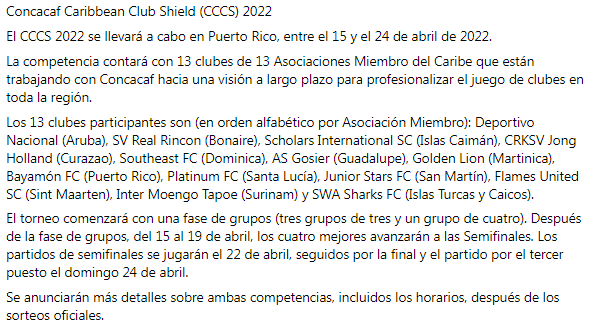 MundialesyCopas's tweet photo. 2/2 Detalles Torneos del Caribe 2022
#CCCShield🇵🇷
🇦🇼Deportivo Nacional
🇧🇶SV Real Rincon
🇰🇾Scholars International SC
🇨🇼CRKSV Jong Holland
🇩🇲Southeast FC
🇬🇵AS Gosier
🇲🇶Golden Lion
🇵🇷Bayamón FC
🇱🇨Platinum FC
🇫🇷Junior Stars FC
🇸🇽Flames United SC
🇸🇷Inter Moengo Tapoe
🇹🇨SWA Sharks FC https://t.co/UoNFtcQ4NM