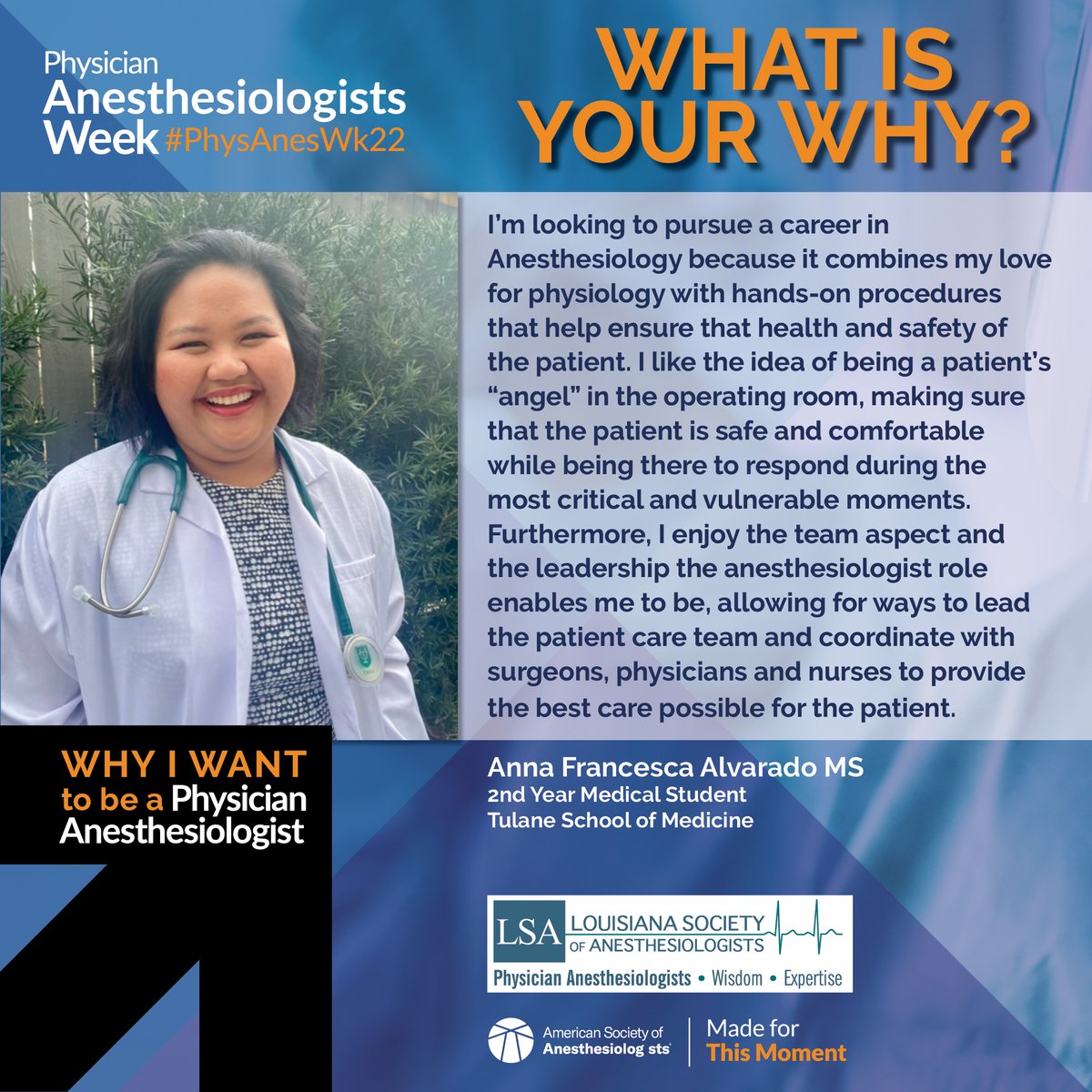 LSA (@lsa_hq) on Twitter photo Everyone has a WHY. 
“your WHY is the one constant that will guide you toward fulfillment in your work & life.”- S. Sinek  
Today we highlight Peyton Moore and Anna Alvarado. Look for other WHY stories this week. Tell us your WHY below.
#LSAPhysAnesWk22 #PhysAnesWk22 Everyone has a WHY. 
“your WHY is the one constant that will guide you toward fulfillment in your work & life.”- S. Sinek  
Today we highlight Peyton Moore and Anna Alvarado. Look for other WHY stories this week. Tell us your WHY below.
#LSAPhysAnesWk22 #PhysAnesWk22