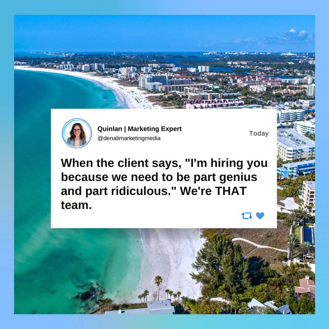 MediaDenali's tweet photo. We want to be part genius and part ridiculous... for YOU! Half of what makes running a business fun, is hiring the right marketing team. Luckily for you, you don't have to look any further. Get a free consultation now at https://t.co/R8tpUGhjVD https://t.co/McnRYSOqCn