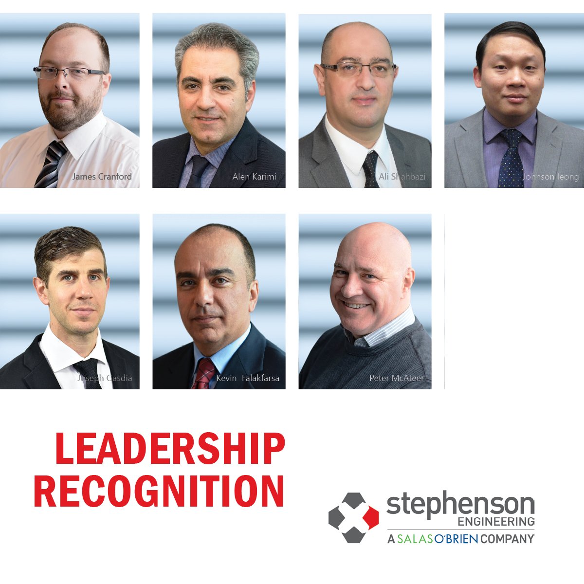 stephensoneng's tweet photo. Leadership Recognition
Stephenson Engineering is fortunate to work with an amazing team of dedicated and talented professionals. 
Principals
James Cranford, Alen Karimi
Senior Vice Presidents
Ali Shahbazi, Johnson Ieong, Joseph Gasdia, Kevin Falakfarsa,  Peter McAteer #teamwork https://t.co/KQHVhPBvzC