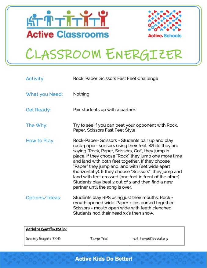 ActiveSchoolsUS's tweet image. Rock- Paper-Scissors with your hands? Boring. Let&apos;s try Rock- Paper- Scissors with our feet! Check It out and have fun!

#ClassroomEnergizer 
#ActiveClassrooms22