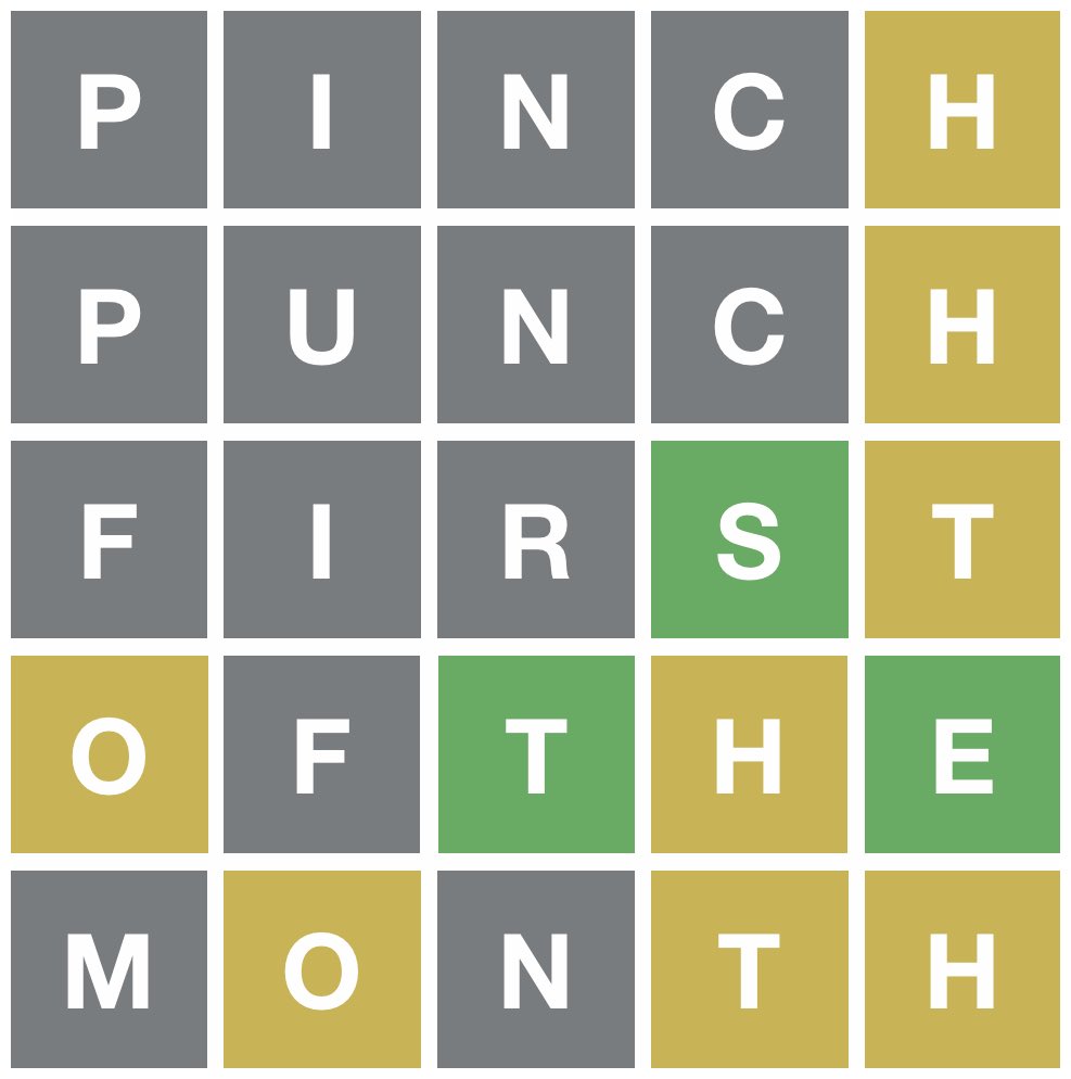 mattblank's tweet photo. Pinch, punch, first of the month (and no returns!) #wordle #PinchPunch #february1st https://t.co/FAqhXVSZkL