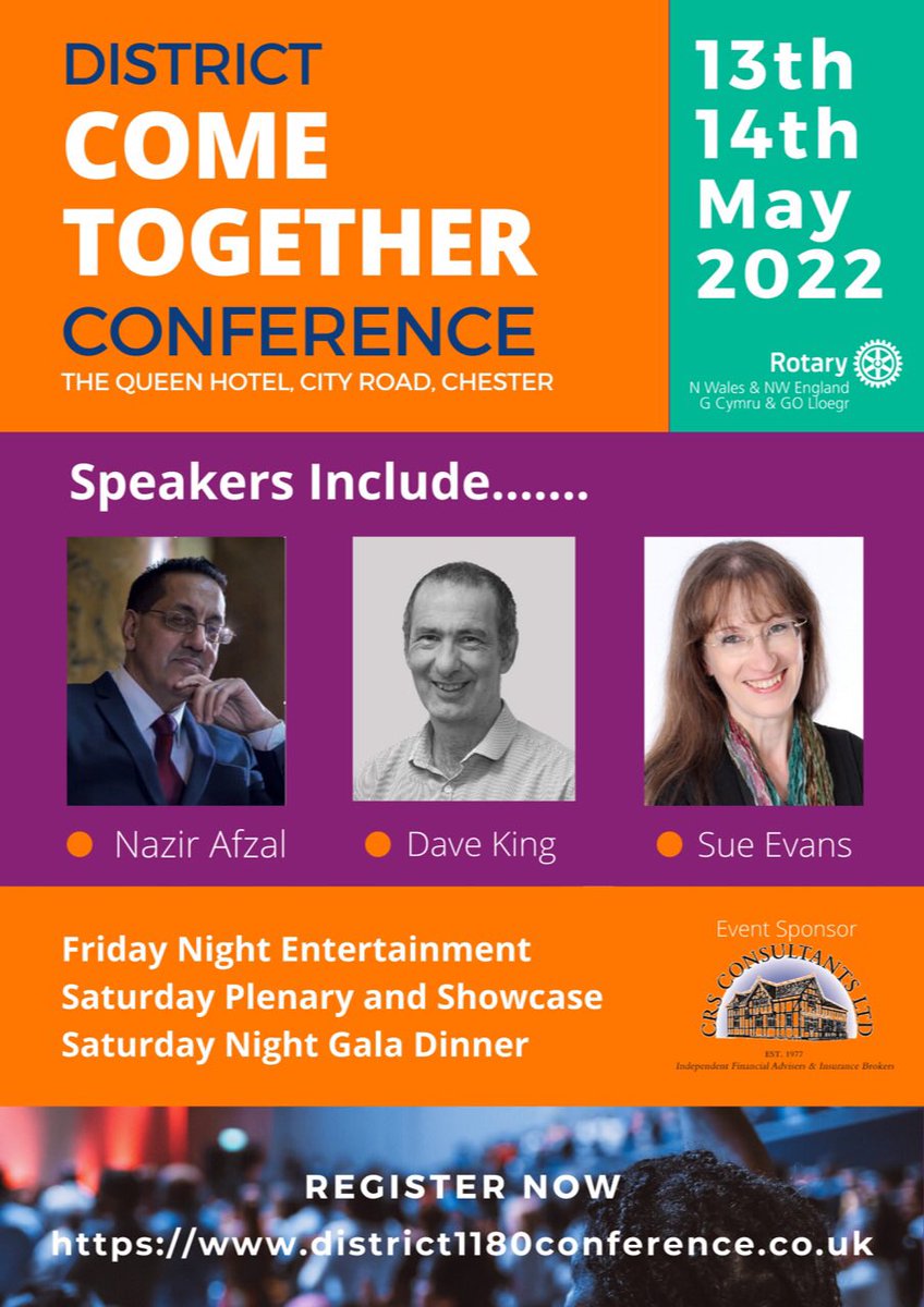 Rotary District1180 conference is on 13th &amp;14th May at Queen Hotel Chester.A weekend of Fellowship,inspiration and learning is planned. Full details &amp; registration is on district1180conference.co.uk.  We hope as many Rotarians and partners can Come Together &amp; enjoy meeting up again