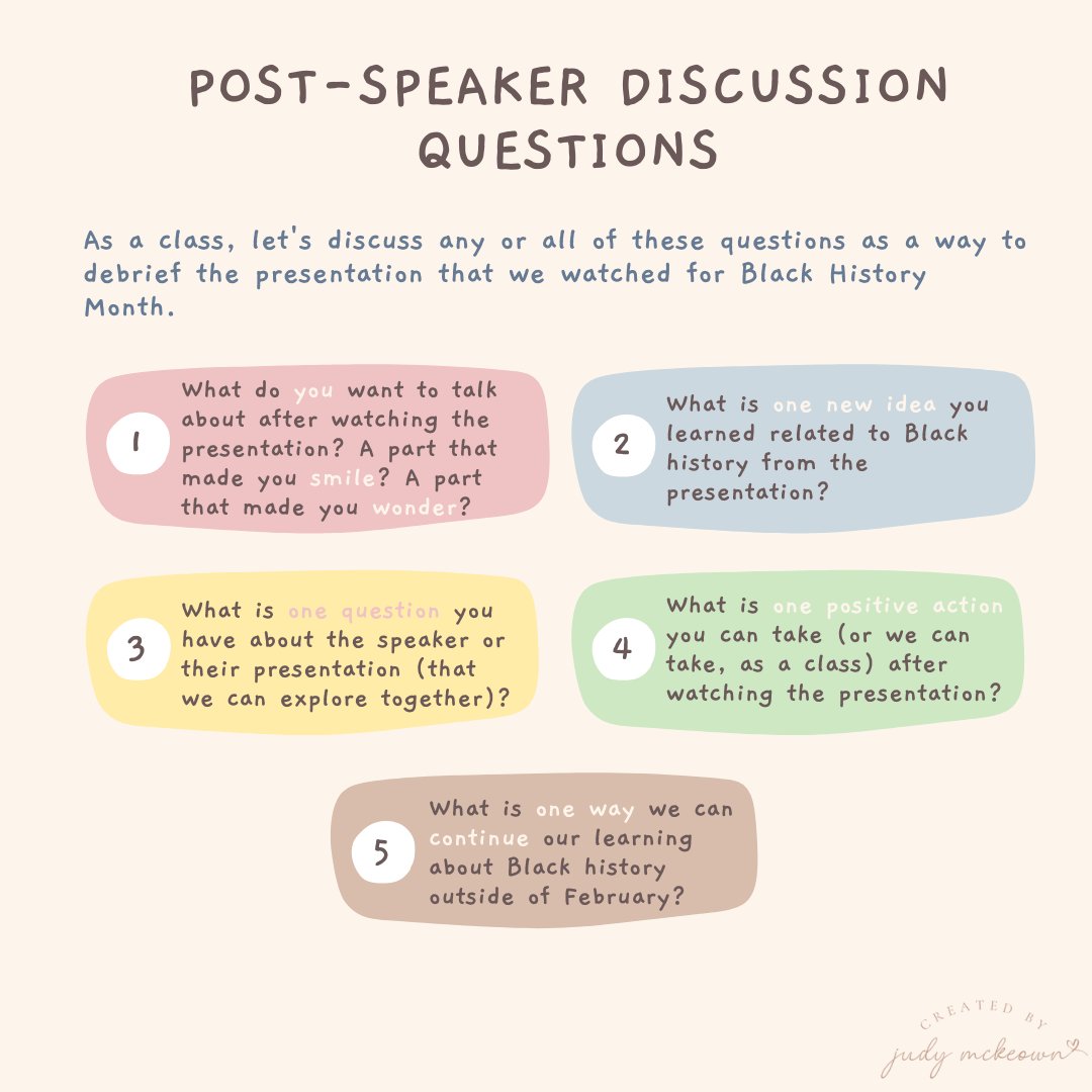 MzMcKeown's tweet image. For education workers who wish to debrief with their students right away, outside of the BDA provocations, feel free to use these questions I created (1st=elementary panel and the 2nd=secondary panel). 

And, check out the BHM calendar to see what else is on offer!