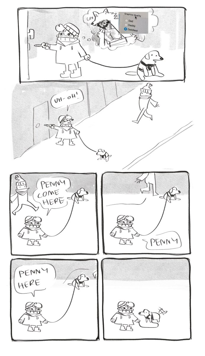 I am not powerful enough to do hourlies, but I did draw these two comics about walking my dog 