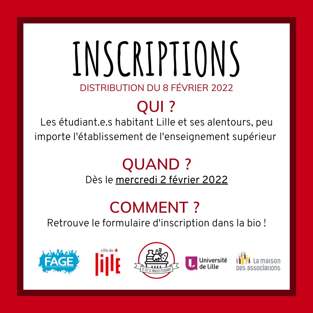 LeChtiPanier's tweet photo. ‼️ Inscriptions pour la distribution du 8 février 2022
 
🧺 Pour bénéficier d’un Ch’ti Panier, devenir bénévole ou faire un don  : https://t.co/PHiqvVKscN 
 
❤️ Merci à @la_fage, @lillefrance, @univ_lille et la MDA de Lille pour leur soutien
 
⚠️ Le nombre de paniers est limité https://t.co/GV1AuB4x1y