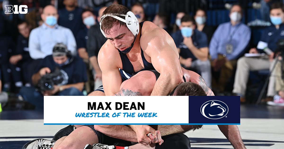 B1GWrestling's tweet photo. 🤼 🏅 The #B1GWrestle weekly awards are in!

Wrestler of the Week: Max Dean of @pennstateWREST

Scored 8 unanswered points in the third period for a 8-3 win over No. 4 Jacob Warner of Iowa, clinching Penn State's 19-13 dual meet victory

Full Release 🗞 ➡️ https://t.co/7pQ09QkAWU https://t.co/RGfu2WhuvE