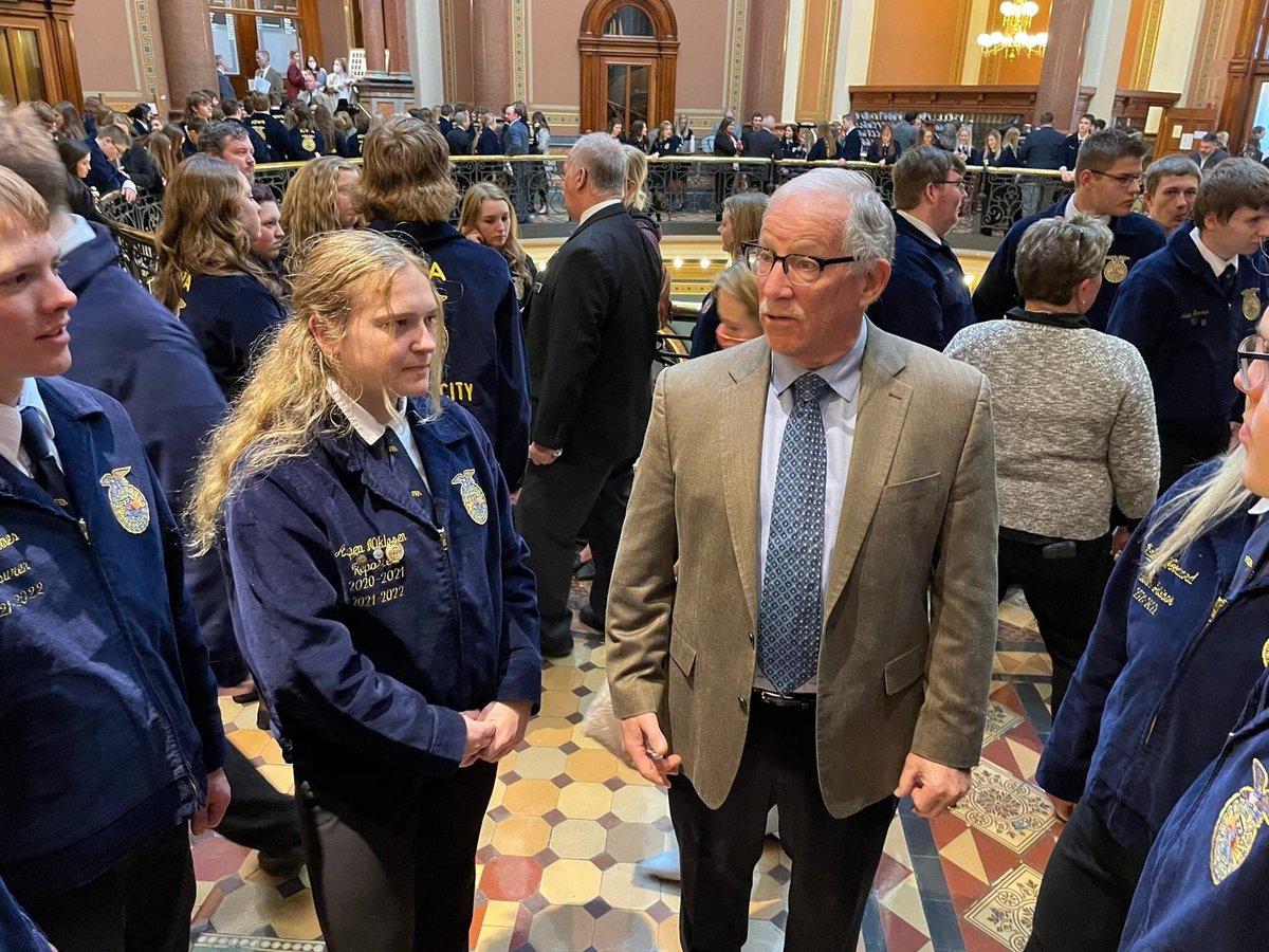 IAHouseGOP's tweet photo. Today was FFA Day at the Capitol! @iowaffa students from all over the state had an opportunity to meet with their representatives, ask questions and share what they’ve learned in their agricultural education. #IALegis https://t.co/WbSilwDvkV