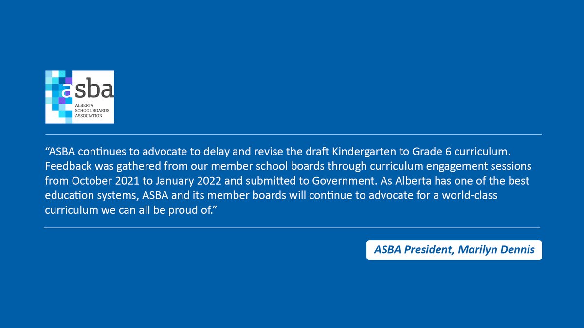 "As Alberta has one of the best education systems, ASBA and its member boards will continue to advocate for a world-class curriculum we can all be proud of." -- ASBA President <a href="/marilyndyyc/">Marilyn Dennis</a> #abed #abtrustees