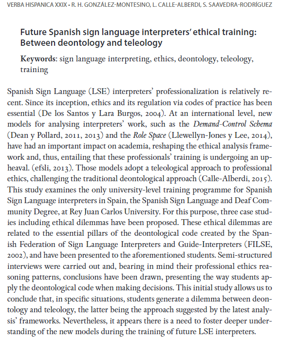 🥳New paper! <a href="/Lourdes_Calle/">Lourdes Calle</a>, <a href="/Silvia_SaaRod/">Silvia Saavedra Rodríguez</a> and I analyse the ethical training of future sign language interpreters, in a monograph of Verba Hispánica. 👉revije.ff.uni-lj.si/VerbaHispanica…
<a href="/WASLI_tweets/">WASLI</a> <a href="/efsli/">efsli</a> <a href="/leesonl/">Prof Lorraine Leeson, PhD</a> <a href="/crathmann/">Christian Rathmann</a> <a href="/RoniceQ/">Ronice Quadros</a> <a href="/DebraRussell1/">Debra Russell, PhD</a> <a href="/sheridan_sarah/">Sarah Sheridan</a> <a href="/JeminaNapier/">Prof Jemina Napier, PhD, FAHA, FAcSS, FASLI</a>