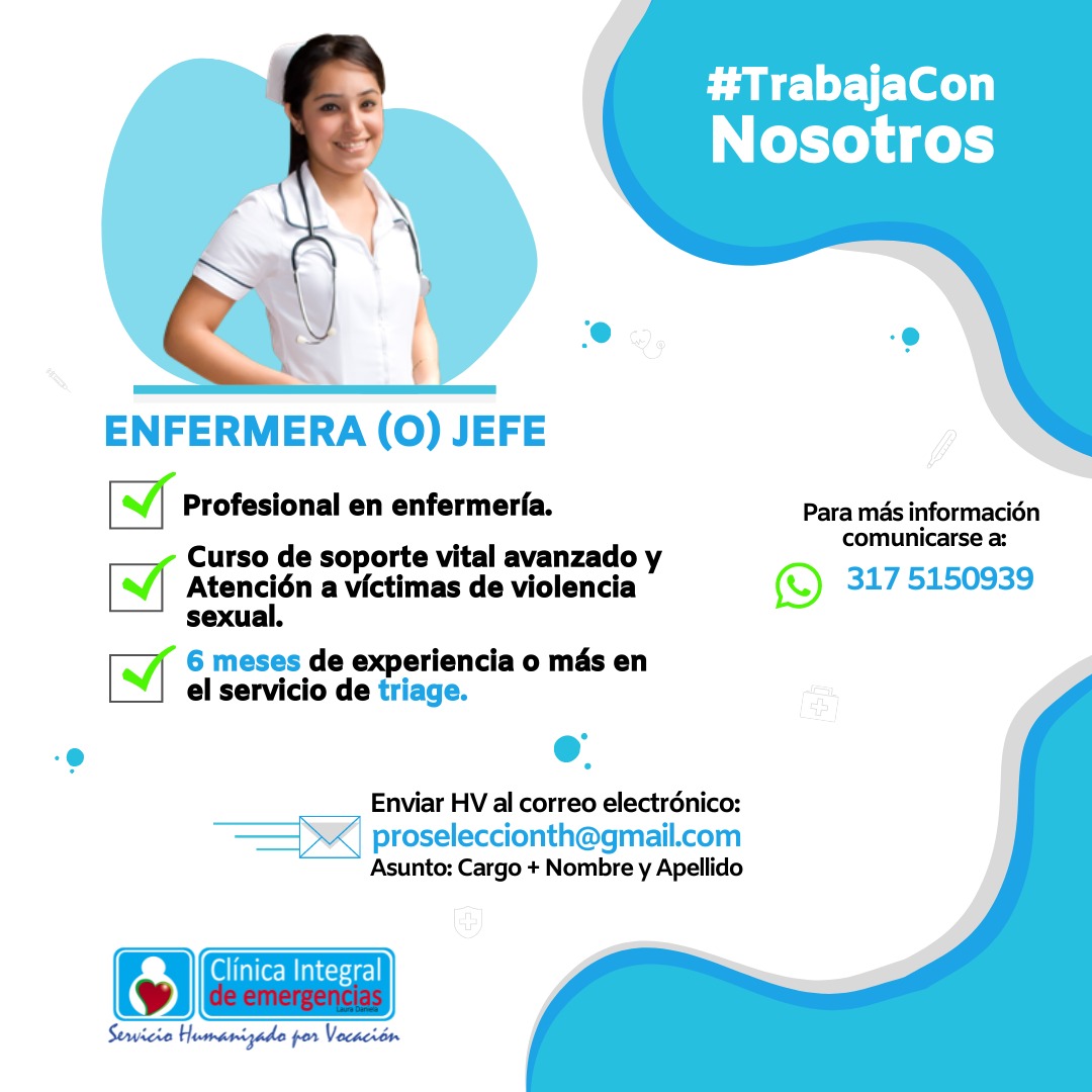 CIEValledupar's tweet photo. #TrabajoSiHay Clínica Integral de Emergencias Laura Daniela requiere:
---
➡️ Enfermera (o) Jefe

➡️Experiencia: 6 meses de experiencia o más en servicio de Triage.
-------
Envié su hoja de vida al correo electrónico proseleccionth@gmail.com https://t.co/shxlu6sbhs