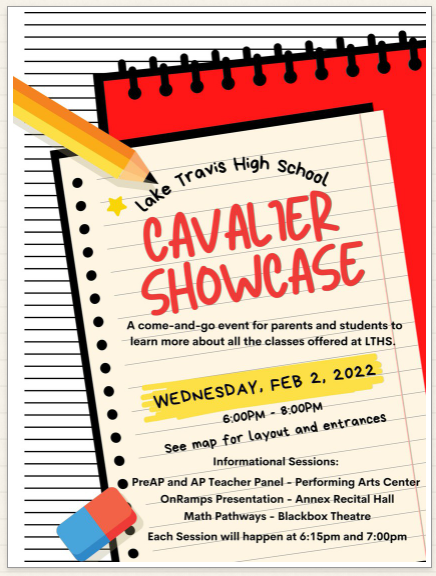 Come join us for Cavalier Showcase tomorrow night!
This is a great time for all students especially rising 9th graders to see what are some electives and extra curricular activities that we offer at LTHS. <a href="/LakeTravisHS/">LT High School</a>