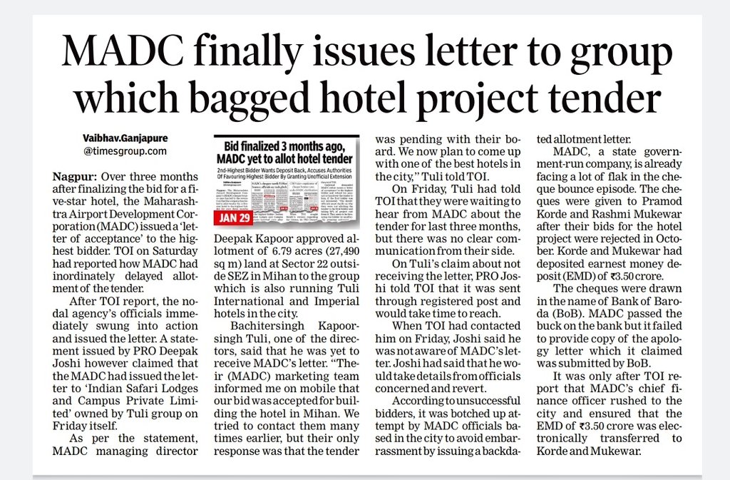 vaibhavgTOI's tweet photo. After my story, #MADC finally issued letter to group which bagged 5 Star hotel project tender in #Mihan. 

*Full report:
https://t.co/mRwiApgq84

@timesofindia @CMOMaharashtra @Subhash_Desai @Deepakk75058621 @viasocialngp @VedCouncil @NVCCNagpur @NitinRaut_INC @RanjitVDeshmukh https://t.co/s6LSDFpHHn