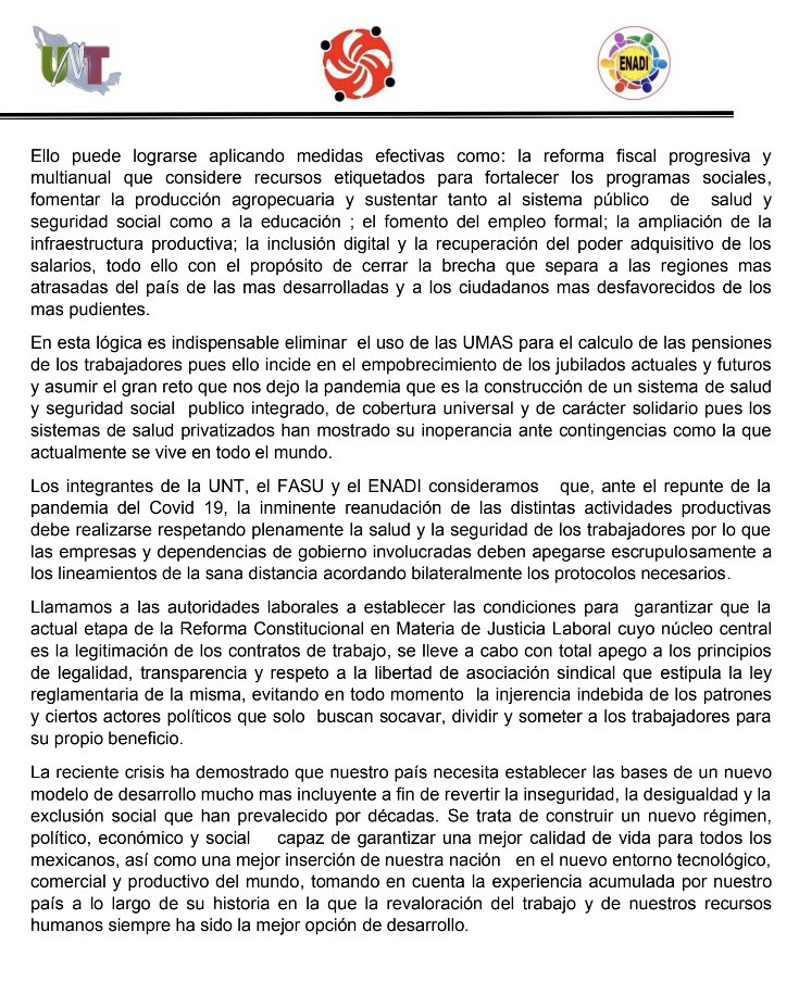 JGArreguin's tweet photo. Pronunciamiento de los Trabajadores del Campo y la Ciudad integrados en la @UNT_mx #FASU & #ENADI, durante la #JornadaNacionalDeLuchaUnitaria del 31 de enero del 2022, #MarchamosEnUnidad en defensa de nuestros derechos y de México 🇲🇽 @LuisaAlcalde @lopezobrador_ @OITMexico @CIDH https://t.co/kf6ghtOI54
