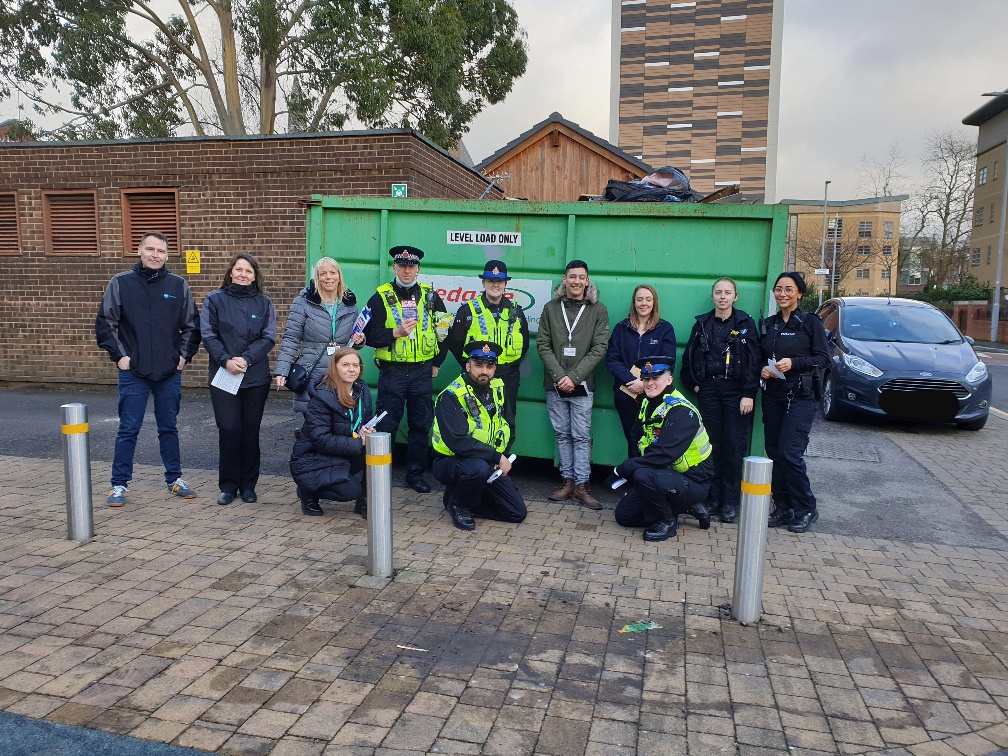 GMPLongsight's tweet photo. #Greenheys - Earlier today officers from Greenheys working with partner agencies #OneManchester and #MSV conducted a ASB survey around the Aquarius Estate about any concerns residents may have. Housing associations provided two large skips for the day to recycle unwanted items. https://t.co/HTKMlImNPW