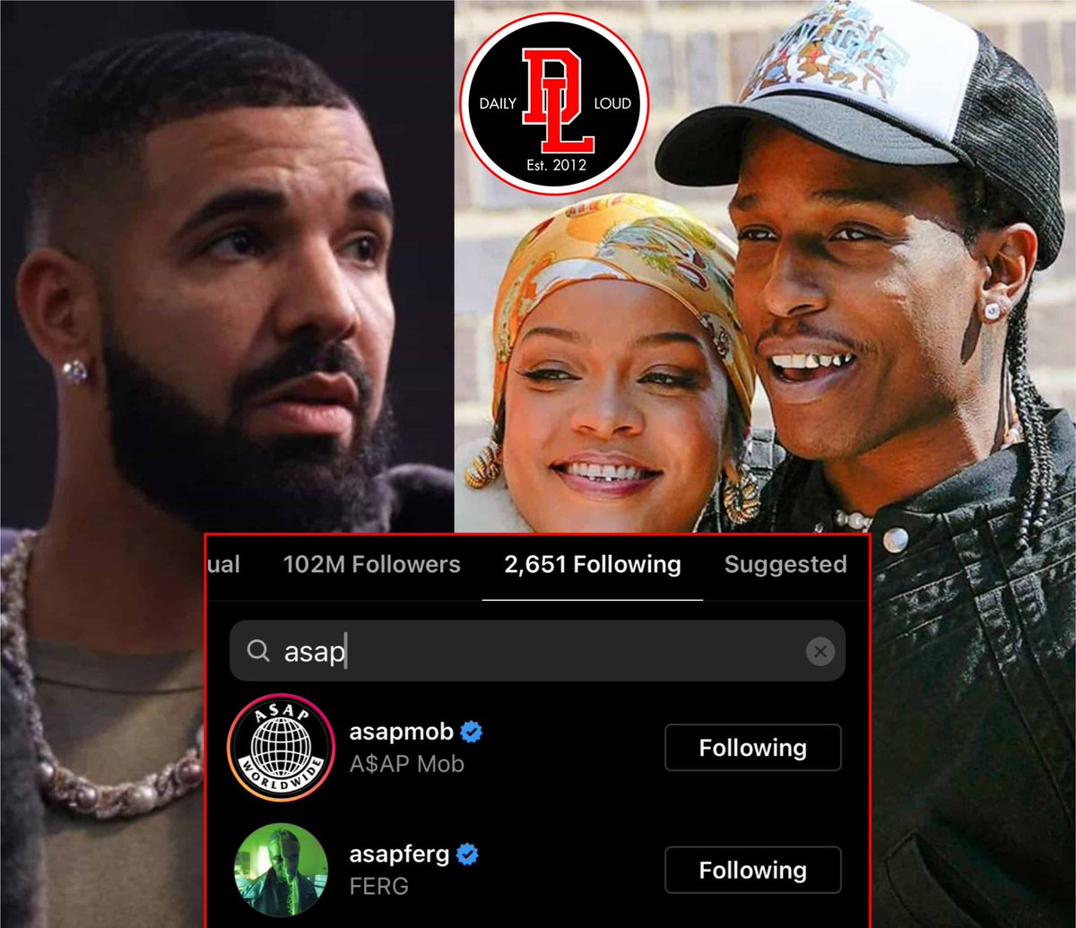 DailyLoud's tweet photo. Drake unfollowed A$AP Rocky on Instagram after Rihanna’s pregnancy reveal with him‼️👀 https://t.co/76cyrCrcfx