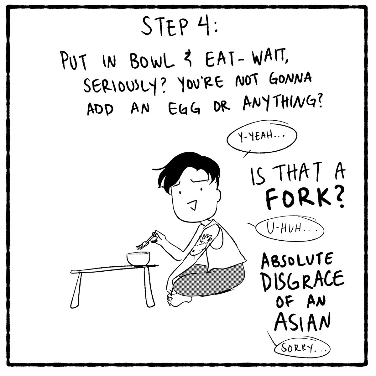 12pm of #hourlycomicday: how to have lunch when you are a lazy lump of an Asian-American 