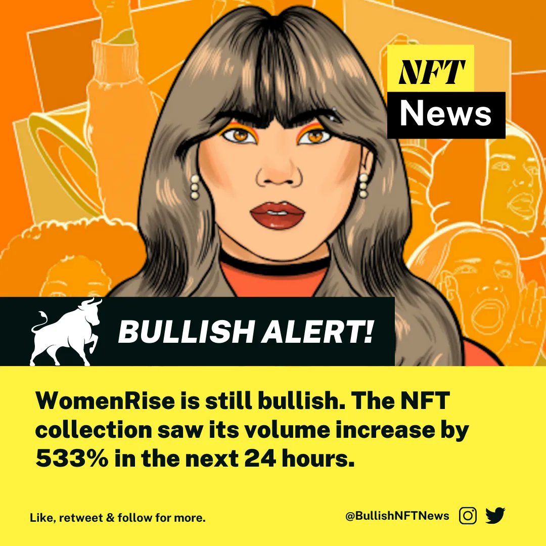 [#NFT] WomenRise is still bullish. The NFT collection saw its volume increase by 533% in the next 24 hours.
<a href="/WomenriseNFT/">Women Rise</a> 

Source: opensea.io/collection/wom…

#NFTCommmunity #WomenRiseNFT #WomenRise #NFTCollection #nftcollectors #nftworlds #NFTshill
