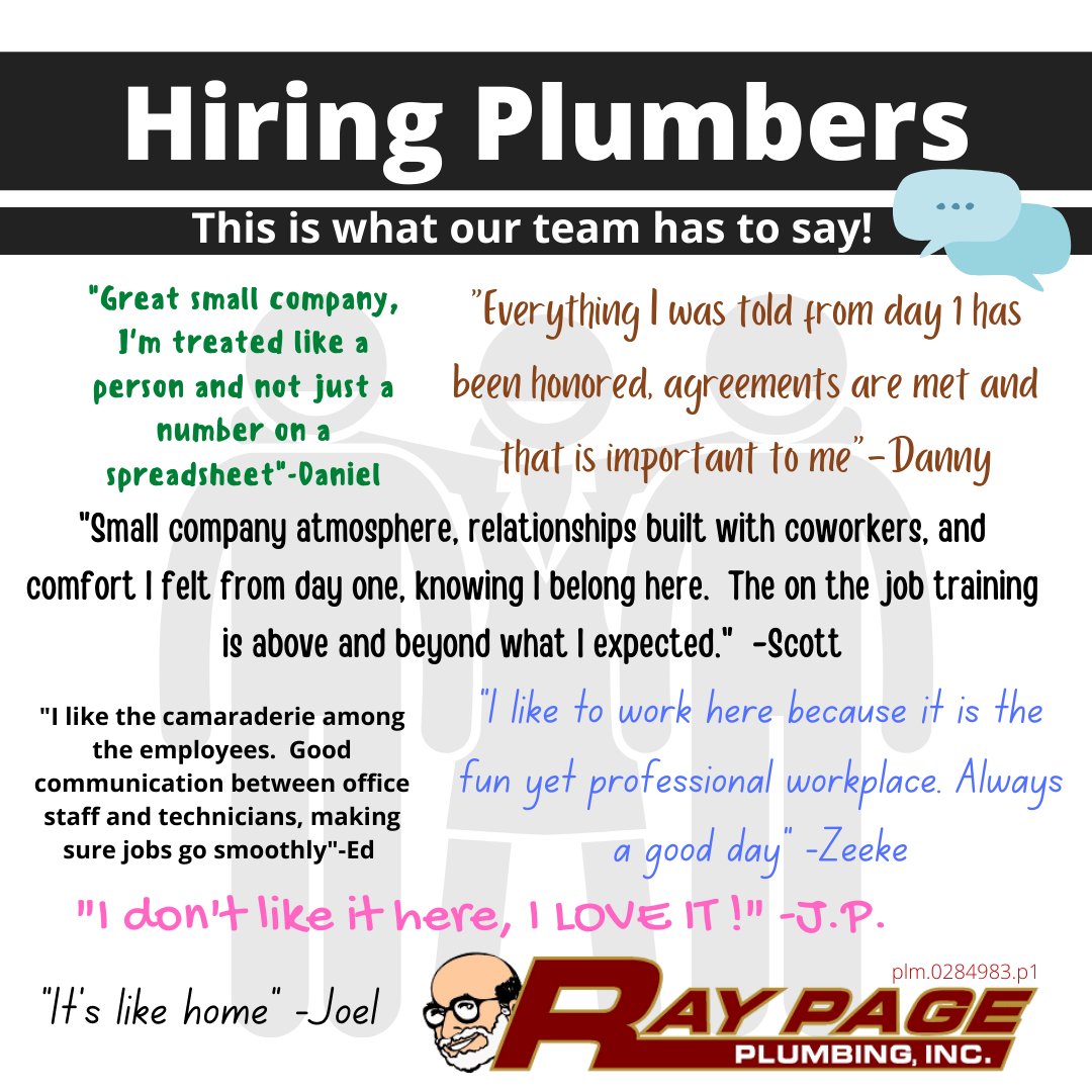 Raypageplumbing's tweet photo. We are always Hiring Plumbers! 

See what our team has to say about working at Ray Page Plumbing! We love the people we work with! #Hiring #plumbing #weloveourjob https://t.co/h6BPfrAGG5