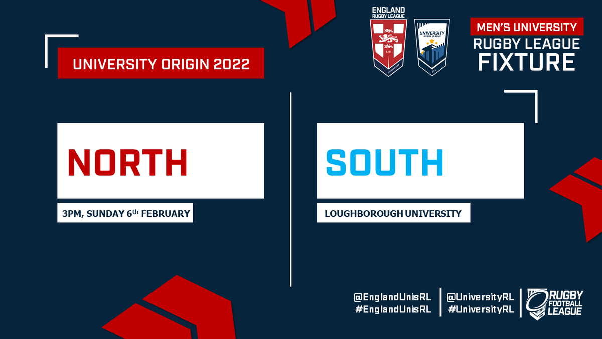 University Rugby League Origin Game 🏴󠁧󠁢󠁥󠁮󠁧󠁿

The annual <a href="/UniversityRL/">University RL</a> Origin Game returns on Sunday where the best of the North take on the best of the South with an <a href="/EnglandUnisRL/">England Universities Rugby League 🏴󠁧󠁢󠁥󠁮󠁧󠁿🏉</a> shirt at stake...

🕒 3pm
📅 Sunday 6th February
📌 Loughborough University, LE11 3TT

#EnglandUnisRL