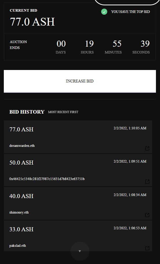 dreamweaver7x's tweet photo. Was (expectedly) outbid overnight, but being on the bid list for @0x0000G's landmark ASH Zero auction (https://t.co/TotkzMIzWP) is like being part of ASH Movement history. Being outbid by @liquidmarbles is just icing on the cake. #WeAreASH https://t.co/seniQ8BdXH