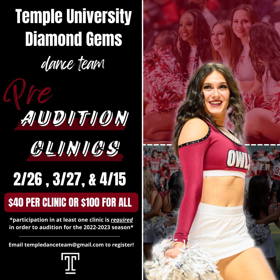❗️CALLING ALL DANCERS❗️ We’re back with our audition clinics for the ‘22-‘23 season! If you or anyone you know is interested in auditioning for the Diamond Gems or any college dance team, registration is now open to attend our clinics. We hope to see you there!🍒💎 #GoOwls