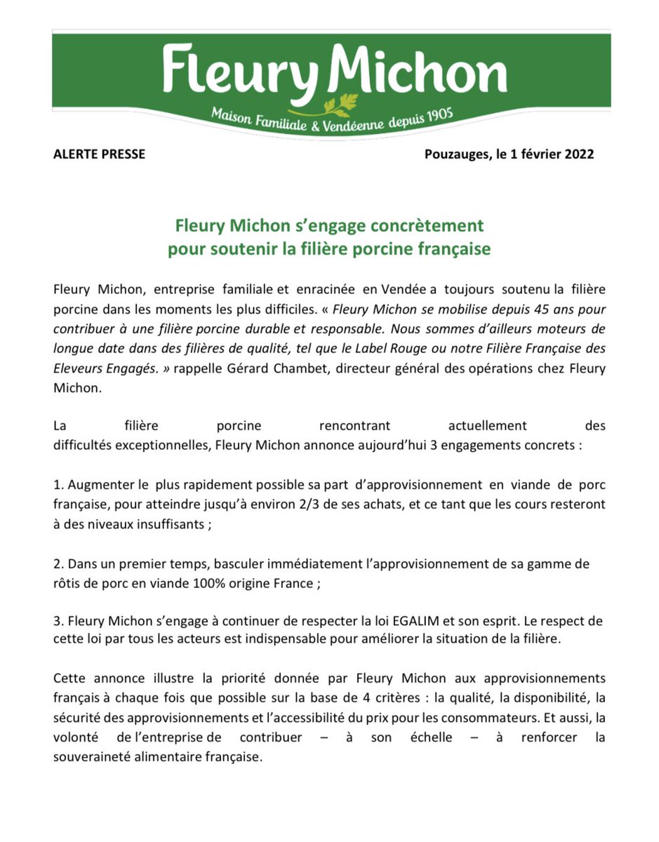 Je salue l’initiative de <a href="/FleuryMichon/">Fleury Michon</a> pour les éleveurs de porc dans cette crise qu'ils traversent.

J'invite les autres acteurs à s'engager également. Notre responsabilité est collective. Il en a va de la pérennité de notre filière.