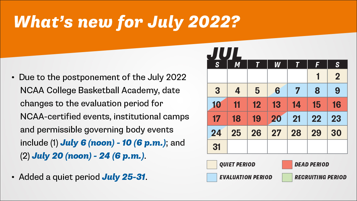 Check out the updated 2021-2022 NCAA Division I Men’s Basketball recruiting calendar based on action taken by the NCAA Division I Council on Jan. 19, 2022. Below is a sneak peak; however, make sure to review the detailed calendar here ➡️on.ncaa.com/DIMBBFeb22