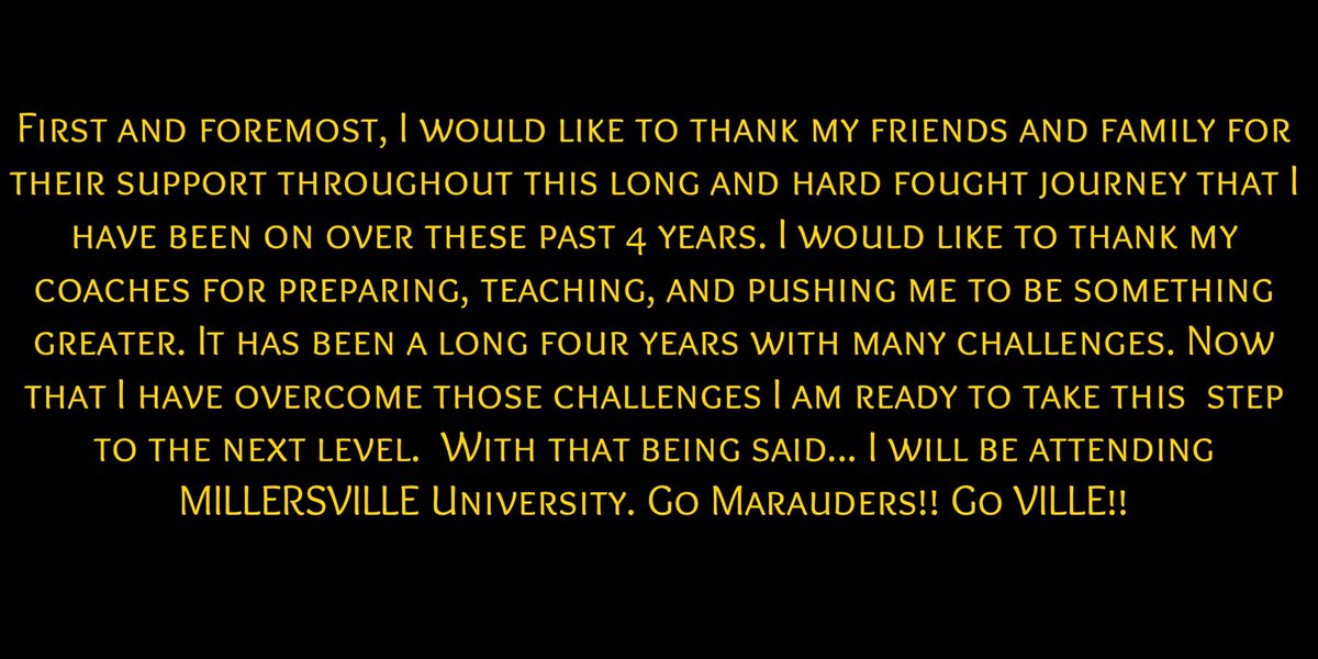 DSaunders51's tweet photo. I am honored and privileged to Officially announce that I will be continuing Athletic &amp; Academic Career at Millersville University!! #GoVILLE @Coachjcmorgan @CoachTomasetti @CoachDudick @CoachKelleher https://t.co/koFHDKaPeQ