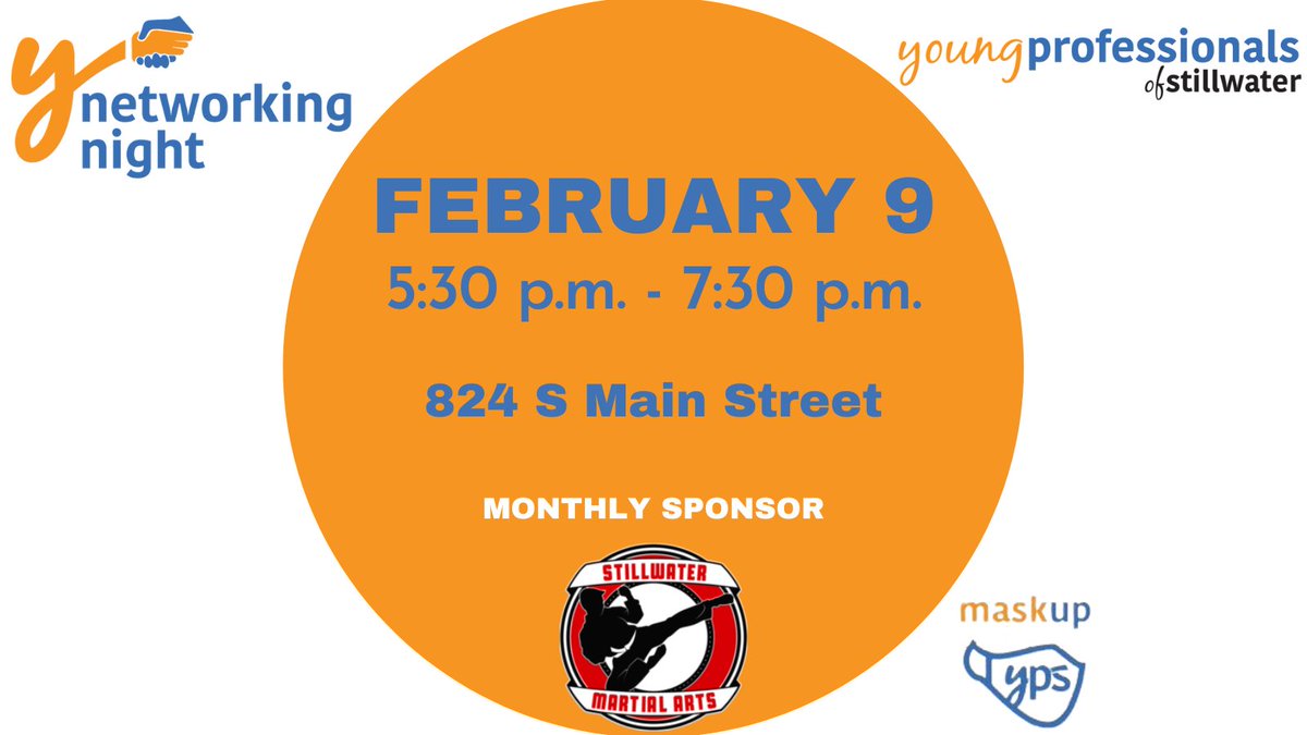 YPStillwater's tweet photo. Join us for our first Networking Night of the year! Come enjoy the night with food, drinks &amp; a fun activity. Bring your business card to make new connections with other young professionals. Thank you to our sponsor, Stillwater Martial Arts! RSVP at https://t.co/k7mWFkQjHF https://t.co/TfyuPeaJ08